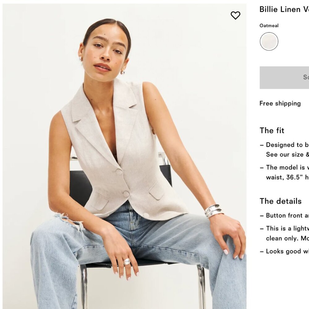 Reformation Billie Linen Vest Oatmeal - Size S